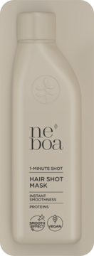 Jasnobeżowa butelka Neboa 1-Minute Shot Hair Mask, ekspresowa maska wygładzająca z proteinami, wegańska, widok z przodu.