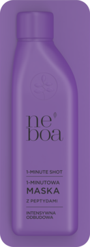 Fioletowa butelka Neboa 1-Minute Shot Maska z peptydami, intensywna odbudowa. Widok z przodu.