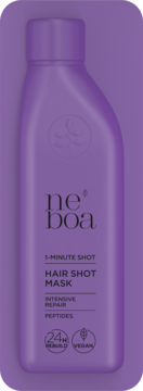 Fioletowa maska do włosów Neboa 1-Minute Shot z peptydami, widok z przodu, intensywna odbudowa.