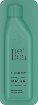 Zielona butelka Neboa 1-minutowej maski do włosów z fitokeratyną, widok z przodu, ekspresowe wzmocnienie.