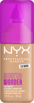 NYX Make 'Em Wonder, matujący podkład w odcieniu 10 Nude, beżowa butelka z różową nakrętką.