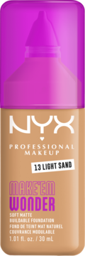 NYX Make 'Em Wonder podkład matujący Light Sand w beżowej butelce z różową nakrętką, widok z przodu.
