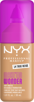 Podkład NYX Make 'Em Wonder True Beige, matujący, w beżowej butelce z różową nakrętką, widok z przodu.