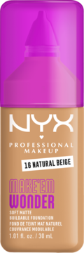 NYX Make 'Em Wonder matujący podkład w butelce 16 Natural Beige, z jaskraworóżową nakrętką, widok z przodu.