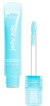 Jasnoniebieski błyszczyk NYX Jelly Job. Otwarta tubka z wyjętym aplikatorem na jasnym tle.