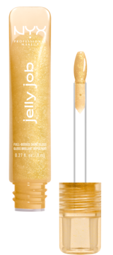 NYX Jelly Job, złoty błyszczyk z brokatem w tubce i wyjęty aplikator szpatułka z lśniącym żelem.