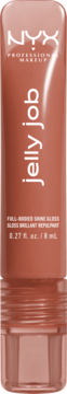 Błyszczyk NYX Jelly Job w błyszczącej, ciepłej brązowo-różowej tubce, z pionowym napisem, widok z przodu.
