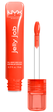 Błyszczyk NYX Jelly Job w odcieniu Orange Ya Jelly, tubka otwarta z aplikatorem szpatułkowym.