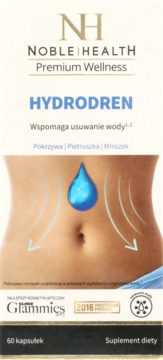 Jasny kartonik Noble Health Hydrodren z brzuchem, kroplą wody i strzałkami. Suplement na usunięcie wody, 60 kapsułek.