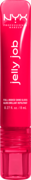 Różowy błyszczyk NYX Professional Makeup Jelly Pop w przezroczystej tubce z białym napisem, widok z przodu.