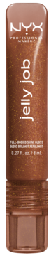 Brązowy błyszczyk NYX Jelly Job Bling Me Jelly, z drobinkami brokatu, widok z przodu tubki, 8ml.