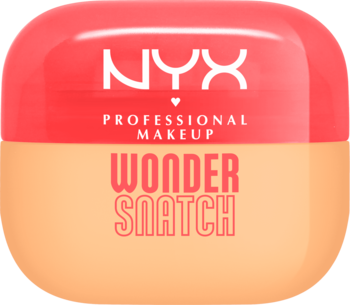 NYX Wonder Snatch Powder Banana Brat, czerwono-beżowe, zaokrąglone opakowanie, z białym logo, widok z przodu.