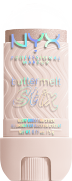 NYX Buttermelt Stix rozświetlacz w kremowym sztyfcie, beżowo-różowe opakowanie, iridescentne logo.