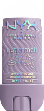 Fioletowy rozświetlacz w sztyfcie NYX Buttermelt Stix, widok z przodu, z holograficznymi napisami.