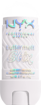 Biały rozświetlacz NYX Buttermelt Stix w sztyfcie z fakturowanym wzorem i holograficznym napisem, widok z przodu.