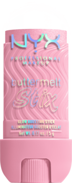 Różowy rozświetlacz NYX Buttermelt Stix w sztyfcie, widok z przodu, holograficzne napisy i falista tekstura.