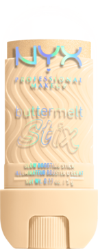 NYX Buttermelt Stix rozświetlacz w beżowym sztyfcie z falistą teksturą i holograficznym napisem. Widok z przodu.