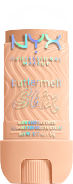 NYX Buttermelt Stix rozświetlacz w brzoskwiniowym sztyfcie z falistą teksturą, widoczny blask, holograficzny napis.
