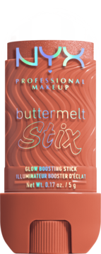 NYX Buttermelt Stix, pomarańczowy rozświetlacz w sztyfcie, kremowa formuła, holograficzny napis, widok z przodu.