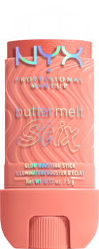 NYX Buttermelt Stix Melt Down, koralowy rozświetlacz w sztyfcie z iryzującymi napisami, widok z przodu.