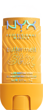 NYX Buttermelt Stix, pomarańczowy rozświetlacz w sztyfcie z falistą teksturą, widoczny złoty produkt, z przodu.
