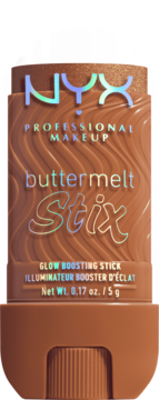 NYX Buttermelt Stix glow boosting stick. Wysunięty, brązowy rozświetlacz w sztyfcie z falistą teksturą, widok z przodu.