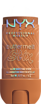 NYX Buttermelt Stix rozświetlacz w sztyfcie, brązowy, z falistym wzorem i holograficznymi napisami, widok z przodu.