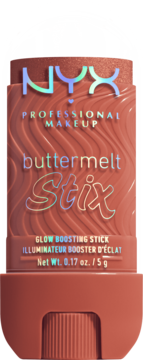 NYX Buttermelt Stix rozświetlacz w sztyfcie, kolor ceglasty, z holograficznymi napisami, widok z przodu.