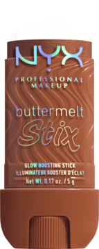 NYX Buttermelt Stix: rozświetlacz w sztyfcie, brązowy, z holograficznym logo, widok z przodu.