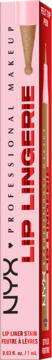 NYX Lip Lingerie, brązowa konturówka do ust, w pionowym różowo-czerwonym opakowaniu, widok z przodu.