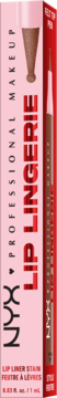 Pudełko konturówki NYX Lip Lingerie Stain Naughty Nude, różowe, z czerwonym pionowym napisem i grafiką kredki.
