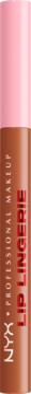 NYX PROFESSIONAL MAKEUP Lip Lingerie, brązowa płynna konturówka z różową nakrętką, białe i czerwone napisy.