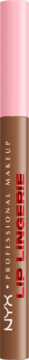 NYX Lip Lingerie Steamy Spice, wodoodporna konturówka do ust. Różowo-brązowe opakowanie z białym i czerwonym tekstem.