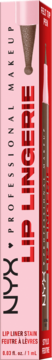 Pionowe opakowanie konturówki NYX Lip Lingerie Stain w kolorze Stirred, różowo-czerwone, widok z przodu.