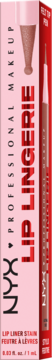 Pionowe, różowe opakowanie konturówki do ust NYX Professional Makeup Lip Lingerie After Hours, z brązową kredką.