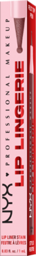 Różowe pudełko NYX Lip Lingerie Lip Liner Stain, z czerwonym napisem i rysunkiem konturówki na boku, z przodu.