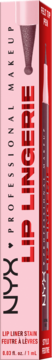 Różowo-czerwone pudełko NYX Professional Makeup Lip Lingerie Lip Liner, stojące pionowo, widok z przodu.