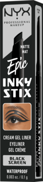 NYX Epic Inky Stix Cream Gel Liner Black Screen Waterproof, matowy, na czarnym pudełku z okiem, widok z przodu.