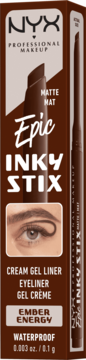Matowy eyeliner w sztyfcie NYX Epic Inky Stix w odcieniu Ember Energy, brązowy kartonik, widok z przodu.