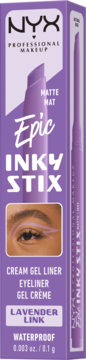 Fioletowy eyeliner NYX Epic Inky Stix Lavender Link, matowy kremowy żel, wodoodporny, widok z przodu opakowania.