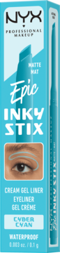 NYX Epic Inky Stix Cyber Cyan matowy eyeliner w kremie, wodoodporny, z ilustracją oka. Widok z przodu.