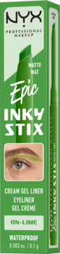 Zielony eyeliner NYX Epic Inky Stix On-Lime, matowy, wodoodporny, w pudełku z okiem modelki.