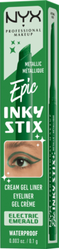 Metaliczny eyeliner NYX Epic Inky Stix Electric Emerald, wodoodporny, w zielonym opakowaniu z okiem z kreską.