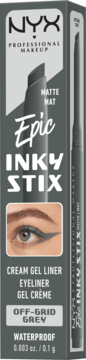 NYX Epic Inky Stix Off-Grid Grey, matowy, wodoodporny eyeliner w kremowym żelu, opakowanie z okiem.