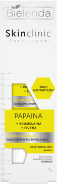 Bielenda Skinclinic, peeling-gommage z Papainą, Bromelainą, Ficyną, biało-żółte pudełko, widok z przodu.
