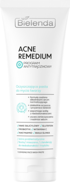 Bielenda ACNE REMEDIUM pasta do mycia twarzy w białej tubce, z niebieskim programem antytrądzikowym, widok frontalny.