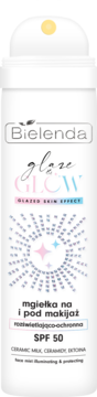 Bielenda Glare Glow mgiełka do twarzy rozświetlająco-ochronna SPF 50, biała butelka, widok z przodu.