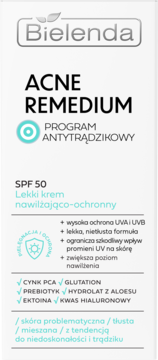 Bielenda ACNE REMEDIUM SPF 50 lekki krem ochronny z kwasem hialuronowym do cery problematycznej, białe opakowanie.