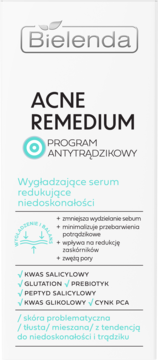 Bielenda ACNE REMEDIUM serum wygładzające na trądzik. Biała butelka z czarnym i turkusowym napisem, widok z przodu.