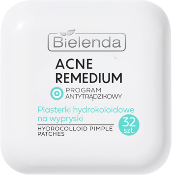 Bielenda ACNE REMEDIUM, białe hydrokoloidowe plasterki na wypryski, 32 sztuki, widok z przodu opakowania.